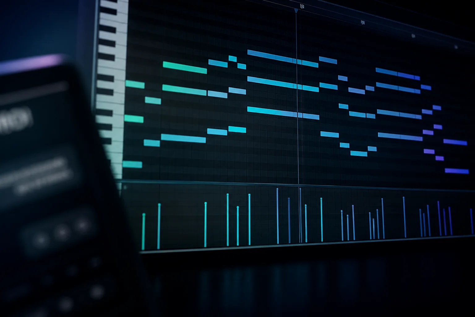 Cinematic close view of generated MIDI notes and velocities in a piano roll with the plugin out of focus